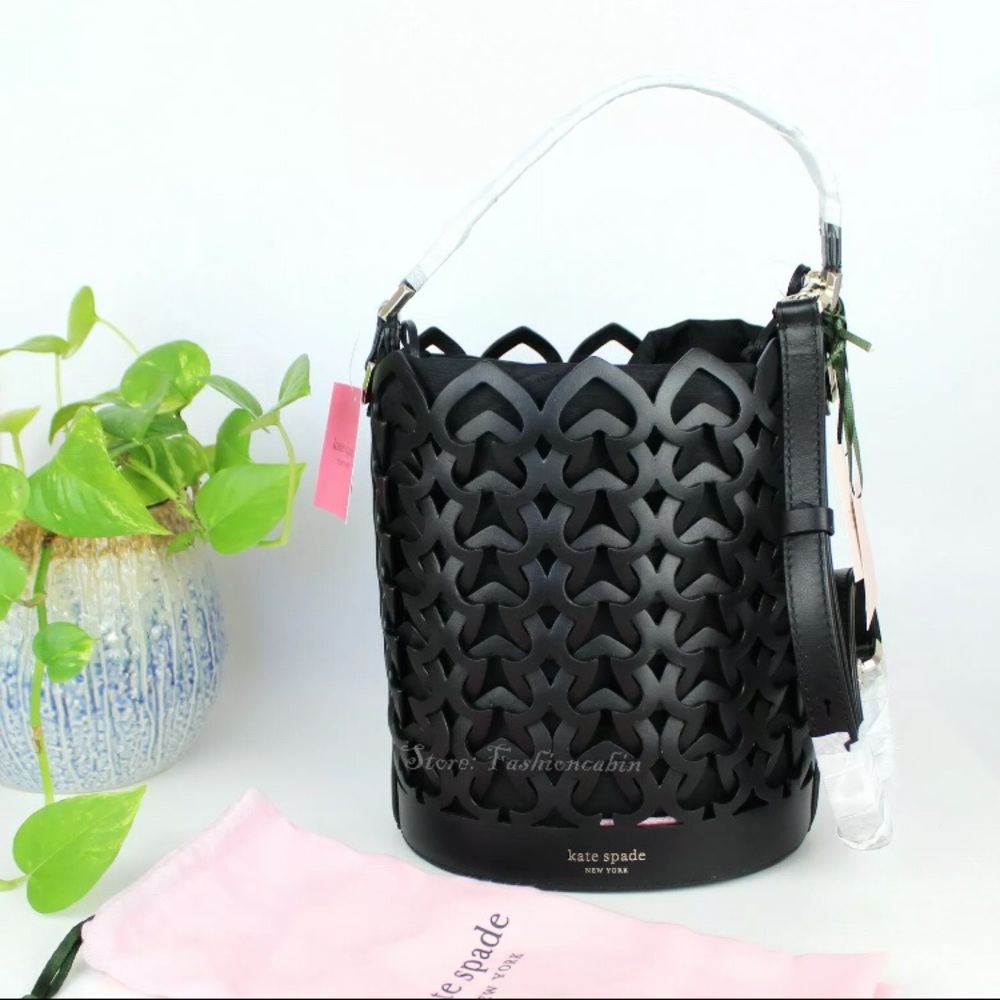 NWT Kate Spade Leather Woven Bucket Bag, Small, Black